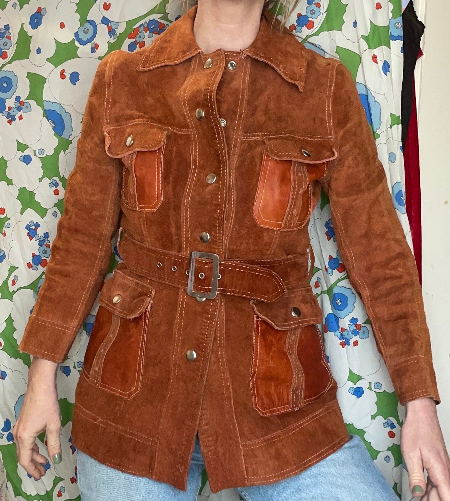 vtg 60s REVERSIBLE SUEDE JACKET // vintage hippie festival leather belted collared button up mod western retro leather hand tooled orange