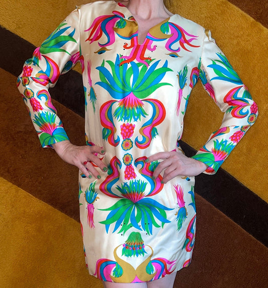 vtg 60s PATTERNED SILK GOWN // B. H. Wragge  bright psychedelic colors trippy peacock high fashion name brand hand painted designer vintage