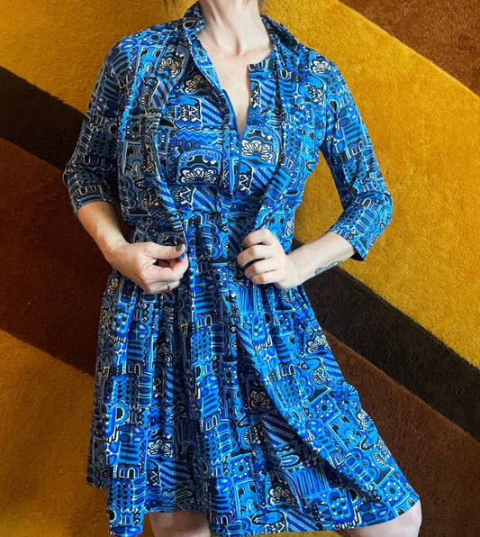 vtg 60s 2 PIECE JERSEY DRESS // abstract pattern set with pockets school outfit bright blue tiki party mod retro autumn layers teacher style