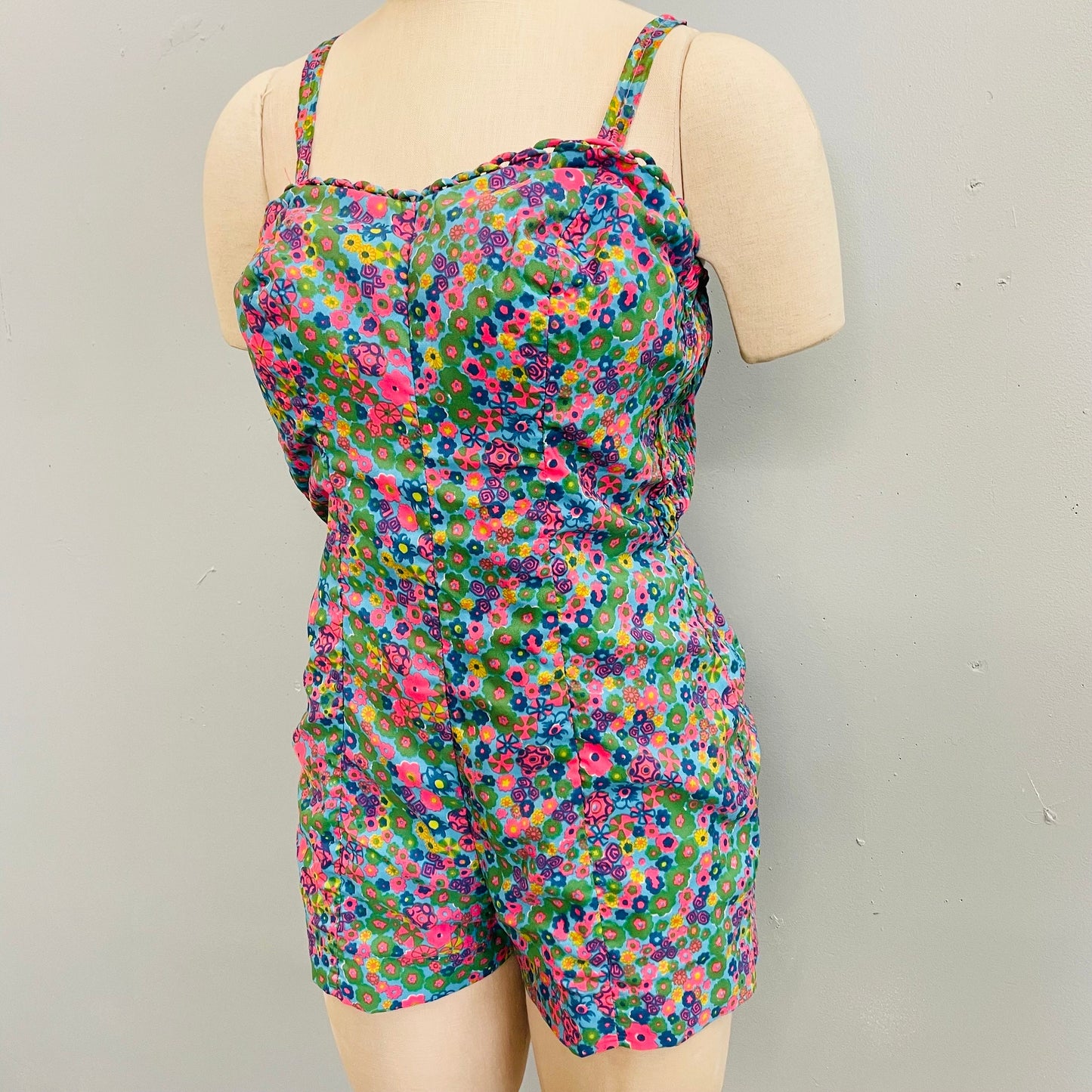 vtg 60s flower power mod retro playsuit one piece tank swimsuit bright neon psychedelic romper boy shorts tankini cute beach fit summer twee