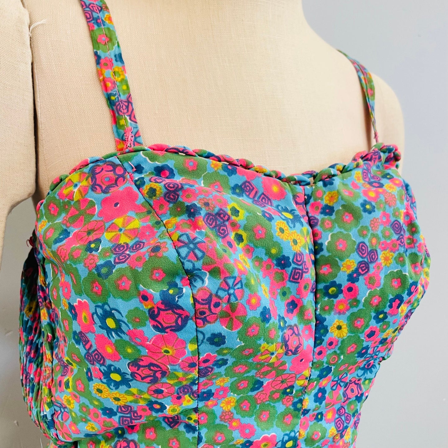 vtg 60s flower power mod retro playsuit one piece tank swimsuit bright neon psychedelic romper boy shorts tankini cute beach fit summer twee
