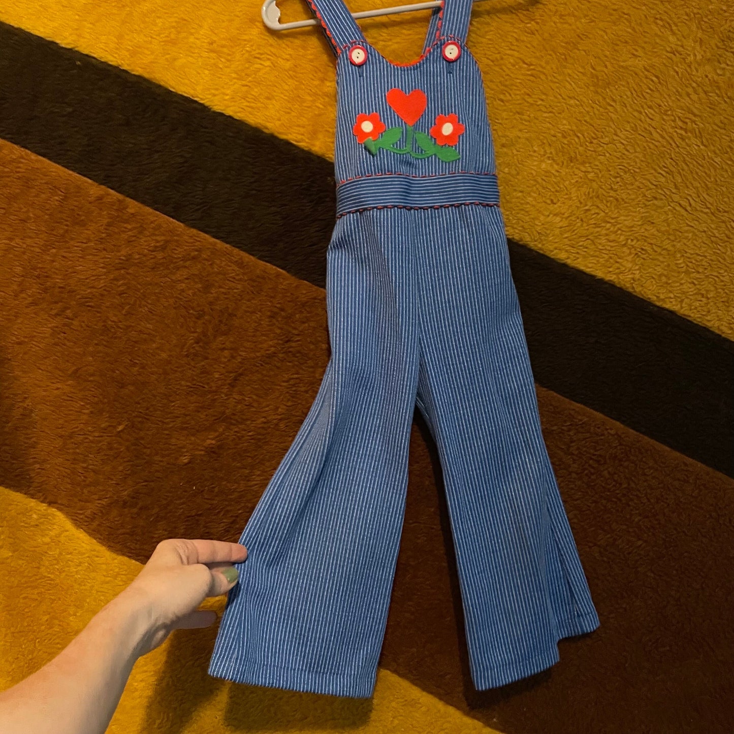 vtg 70s TODDLER HEART OVERALLS // vintage flower applique hippie boho bell bottom overalls girls retro pinstriped coveralls autumn americana