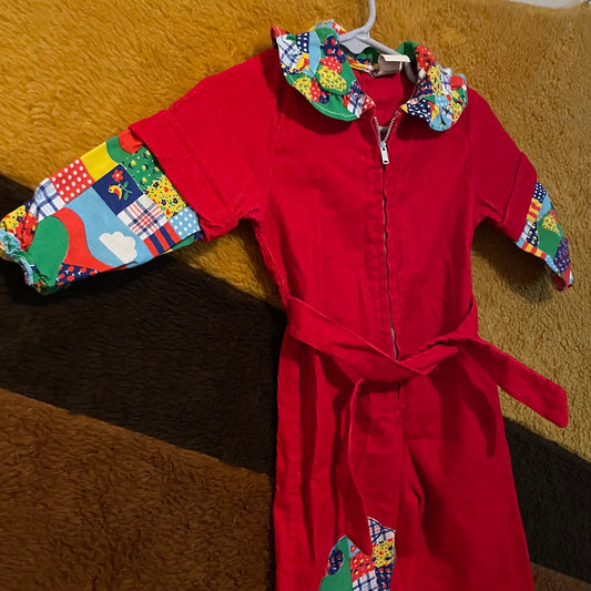 vtg 70s PATCHWORK JUMPSUIT // vintage size 2T red corduroy bell bottom pantsuit americana hippie retro mod cute toddler outfit mcm onesie