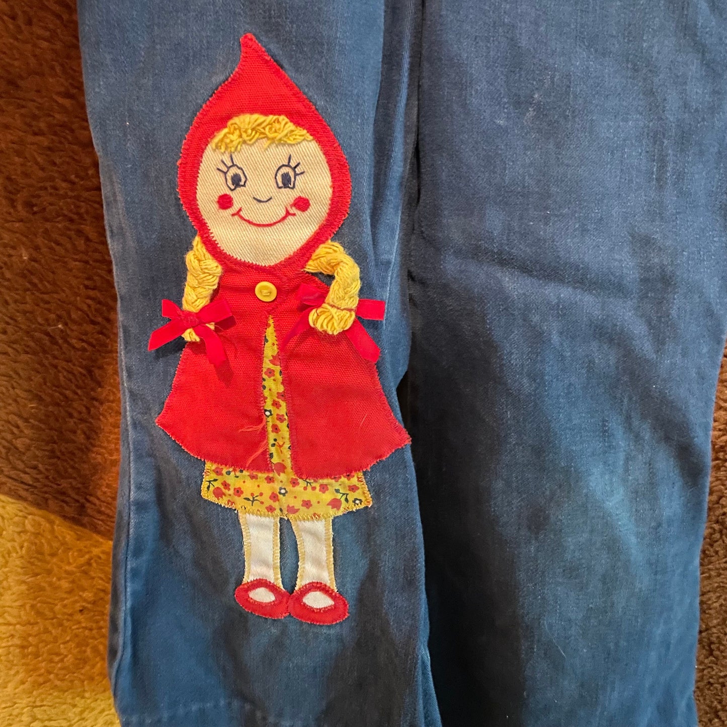 vtg 70s KIDS OVERALLS // vintage red riding hood embroidered hippie retro size 4 T girls romper coveralls cute autumn outfit 1970s folk art