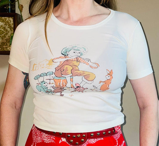 vtg 60s NURSERY RHYME SHIRT // vintage crop top baby tee femme fit graphic tee kids t shirt youth medium fitted cute top 50s french cut tee