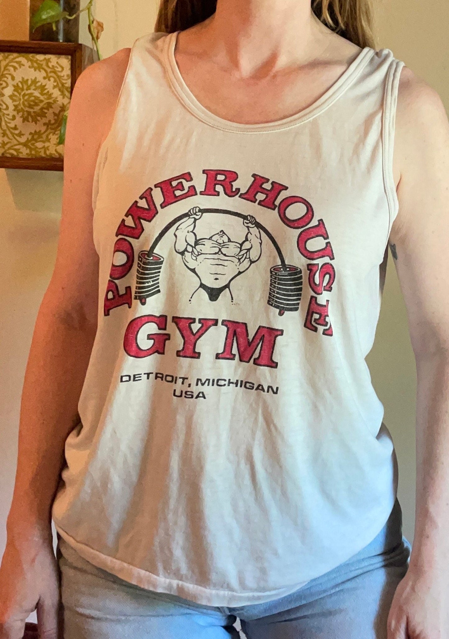 vtg 80s POWERHOUSE FIGHT CLUB Shirt// vintage double sided graphic weight lifter paper thin muscle tee baggy his name was robert paulson