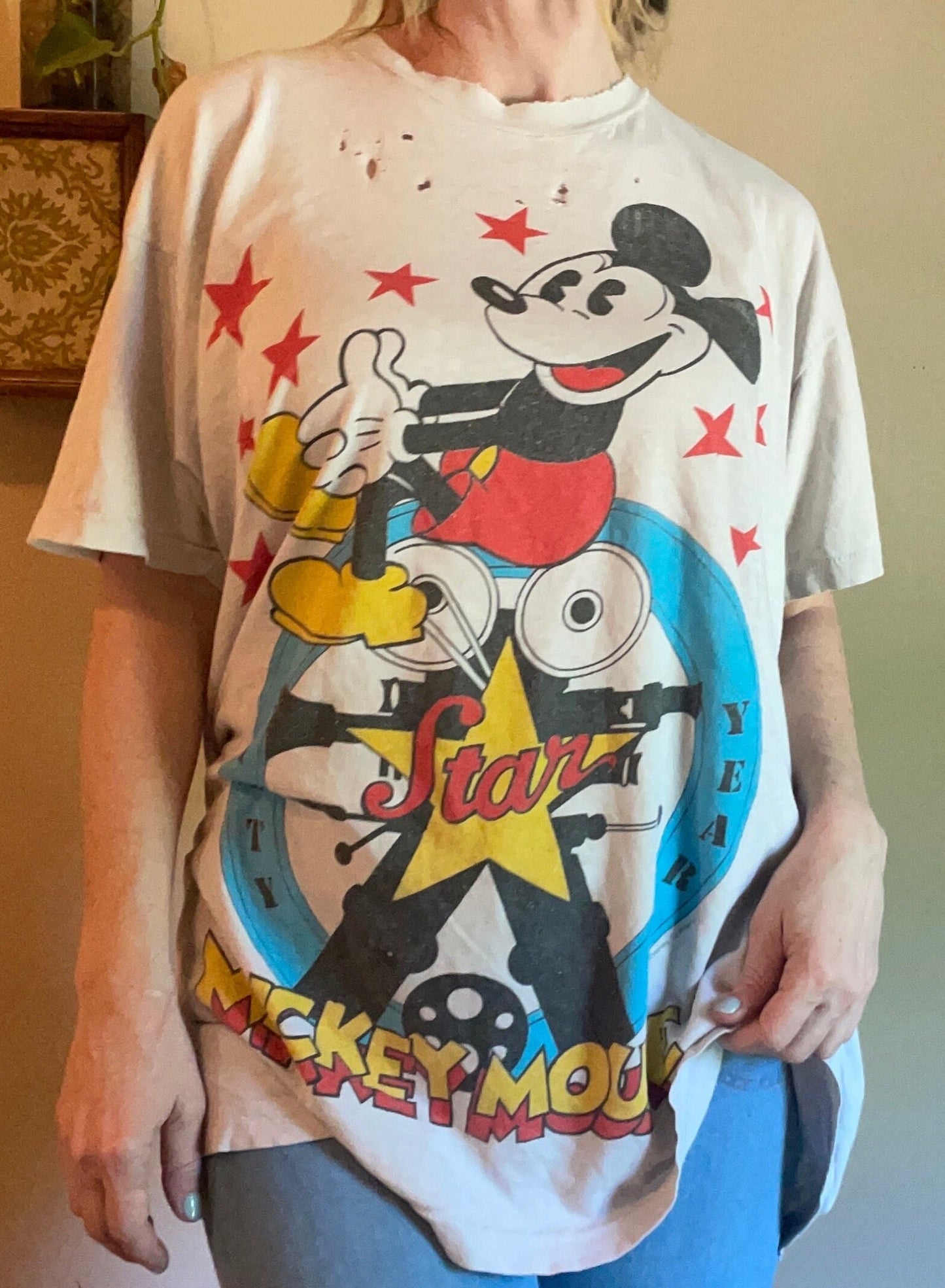 vtg 90s Mickey Mouse distressed sleeper baggy t shirt dress holes soft worn ragged thrashed long shirt pop art disney cartoon oversized tee
