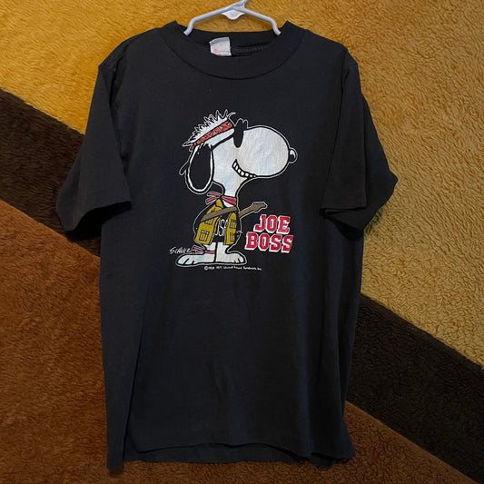 vtg 80s SNOOPY BRUCE SPRINGSTEIN Shirt // vintage joe boss hippie rock band graphic tee charlie brown peanuts black fitted youth baby tee