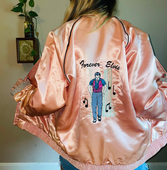 vtg 80s ELVIS PINK SATIN jacket // vintage embroidered graceland forever elvis in heaven zip up lightweight jacket pink ladies rockabilly