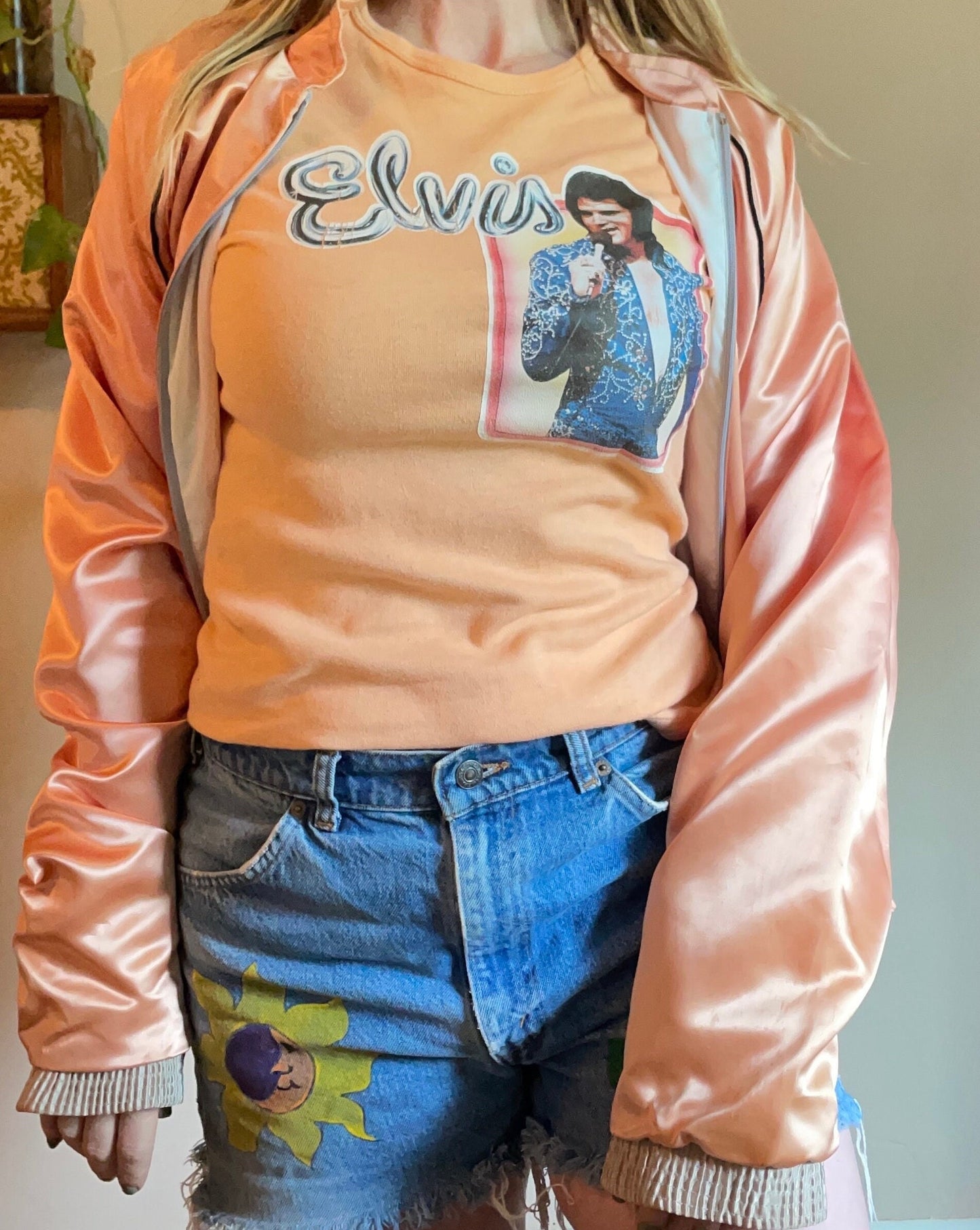 vtg 80s ELVIS PINK SATIN jacket // vintage embroidered graceland forever elvis in heaven zip up lightweight jacket pink ladies rockabilly