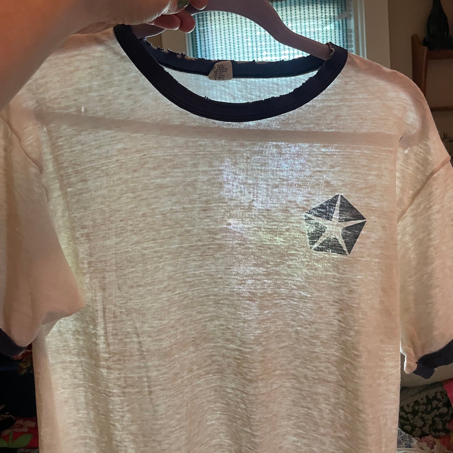 vtg 70s PAPER THIN PENTASTAR Shirt // vintage ringer chrysler car emblem thrashed faded graphic tee with holes see through retro soft baggy