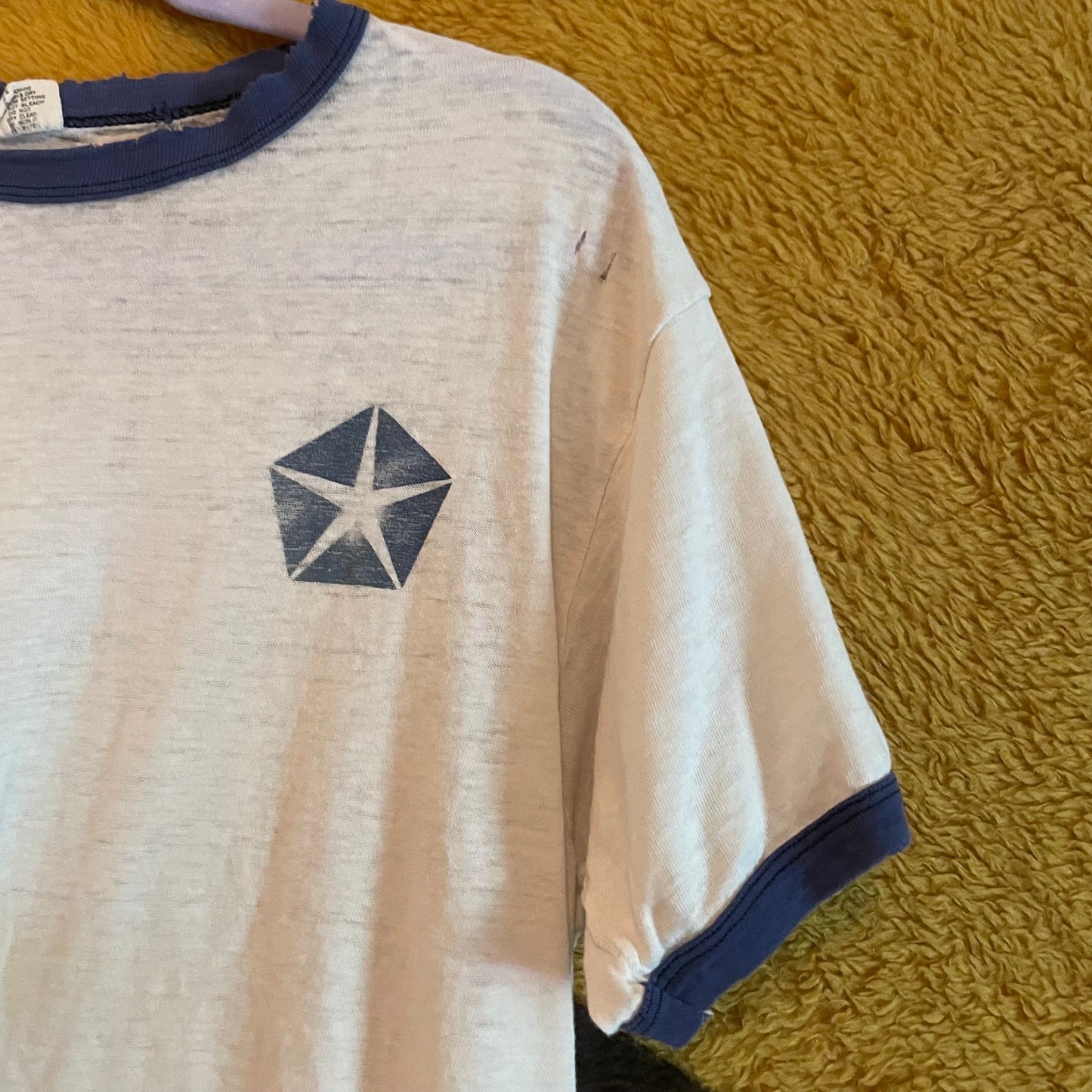 vtg 70s PAPER THIN PENTASTAR Shirt // vintage ringer chrysler car emblem thrashed faded graphic tee with holes see through retro soft baggy