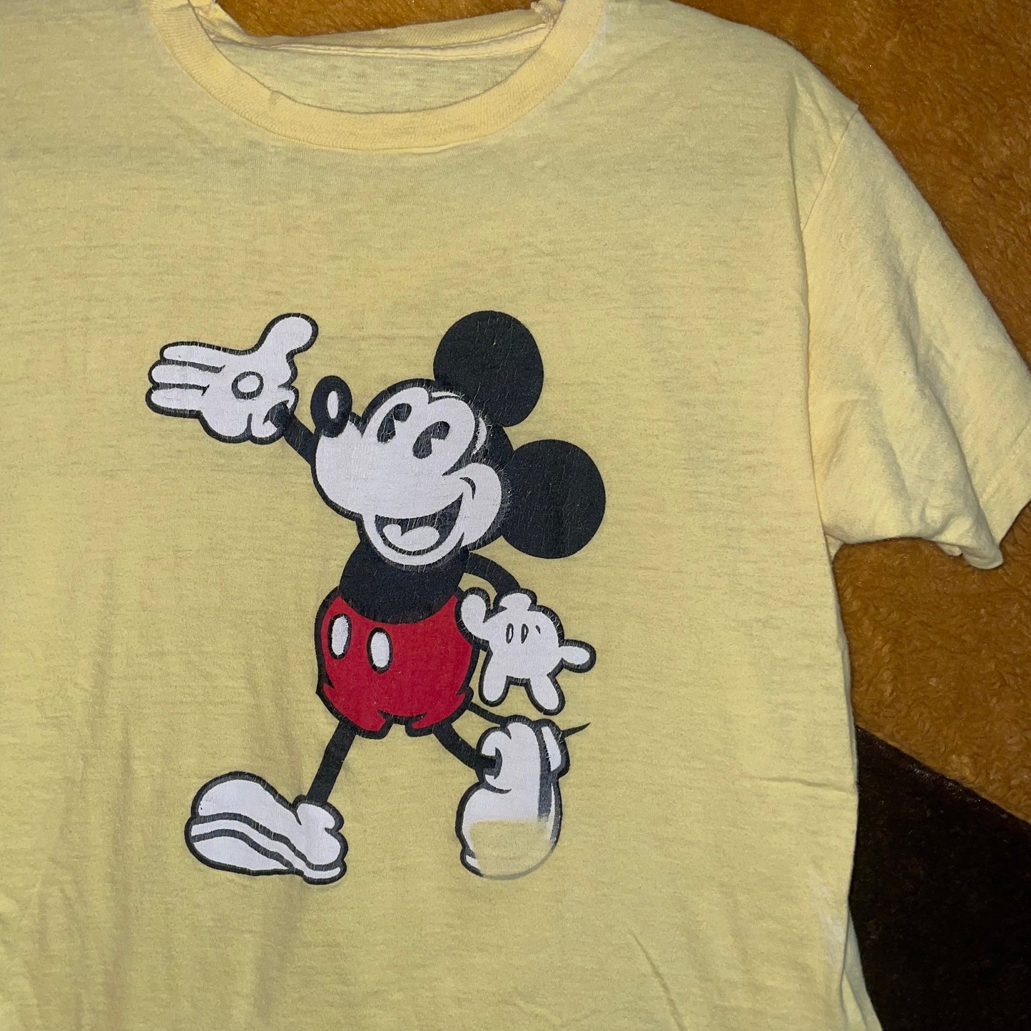 vtg 70s OLD SCHOOL MICKEY Mouse // vintage yellow distressed t shirt pop culture icon disney baggy oversized graphic tee soft nightie shirt