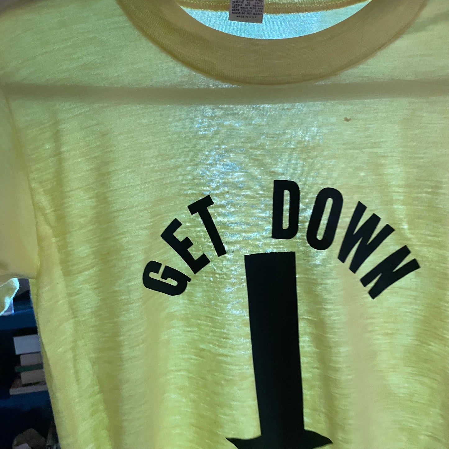 vtg 70s mayo spruce GET DOWN suggestive arrow funny graphic tee James Brown paper thin pale yellow t shirt humorous iron on kickball team