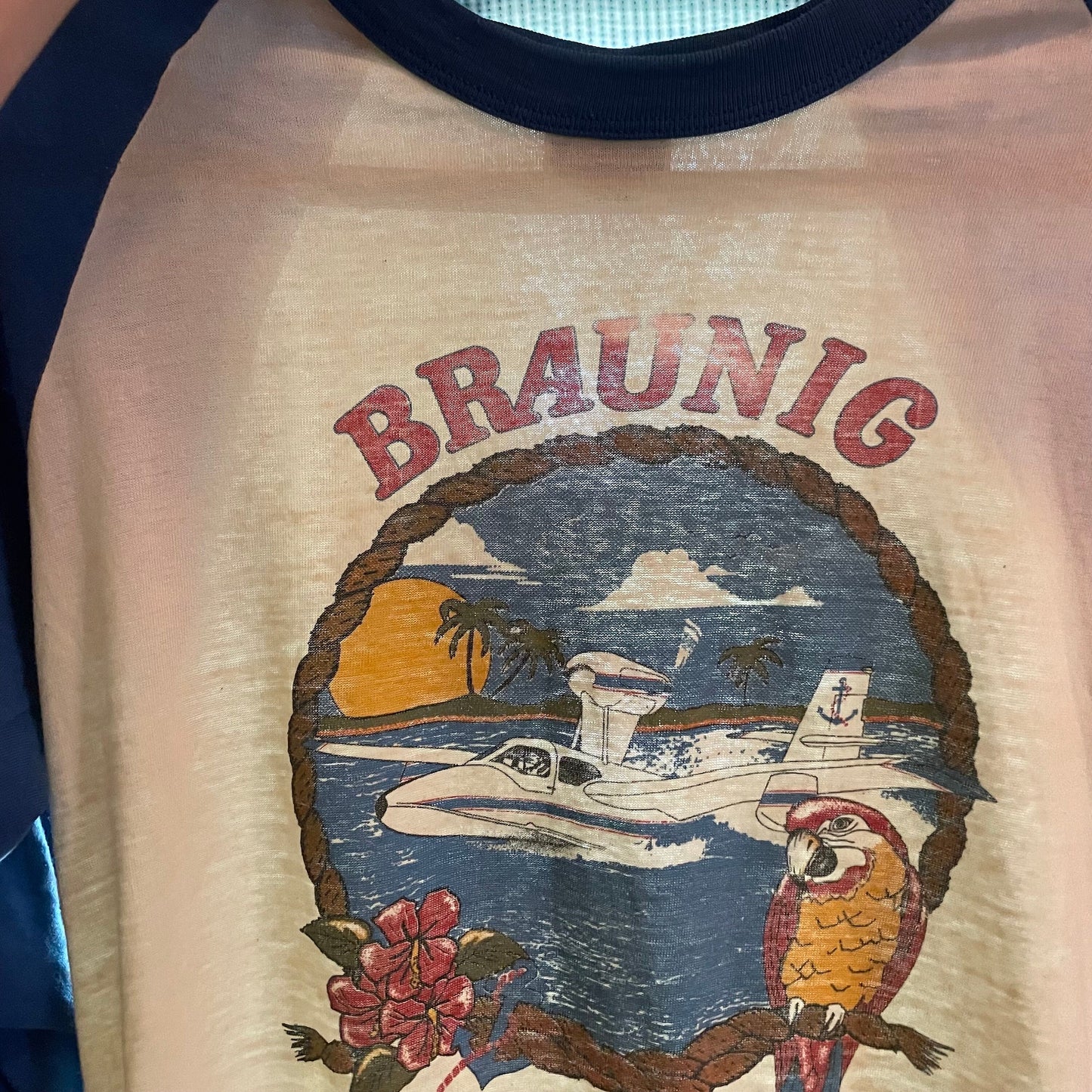 vtg 70s SOFT THIN RAGLAN // vintage sea plane braunig aeromarine graphic tee "I got My Bottom Wet ! " paper thin distressed nautical ringer