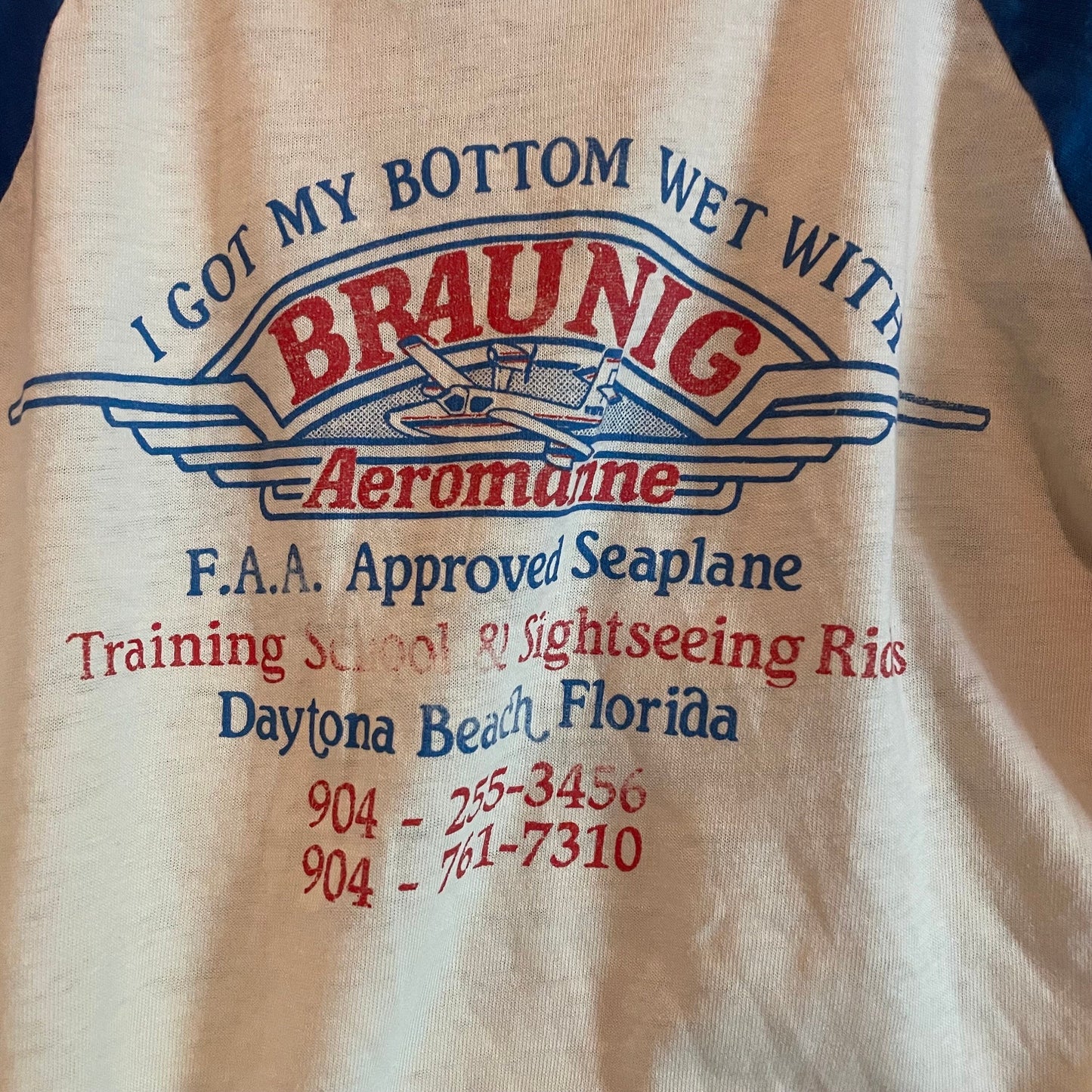 vtg 70s SOFT THIN RAGLAN // vintage sea plane braunig aeromarine graphic tee "I got My Bottom Wet ! " paper thin distressed nautical ringer