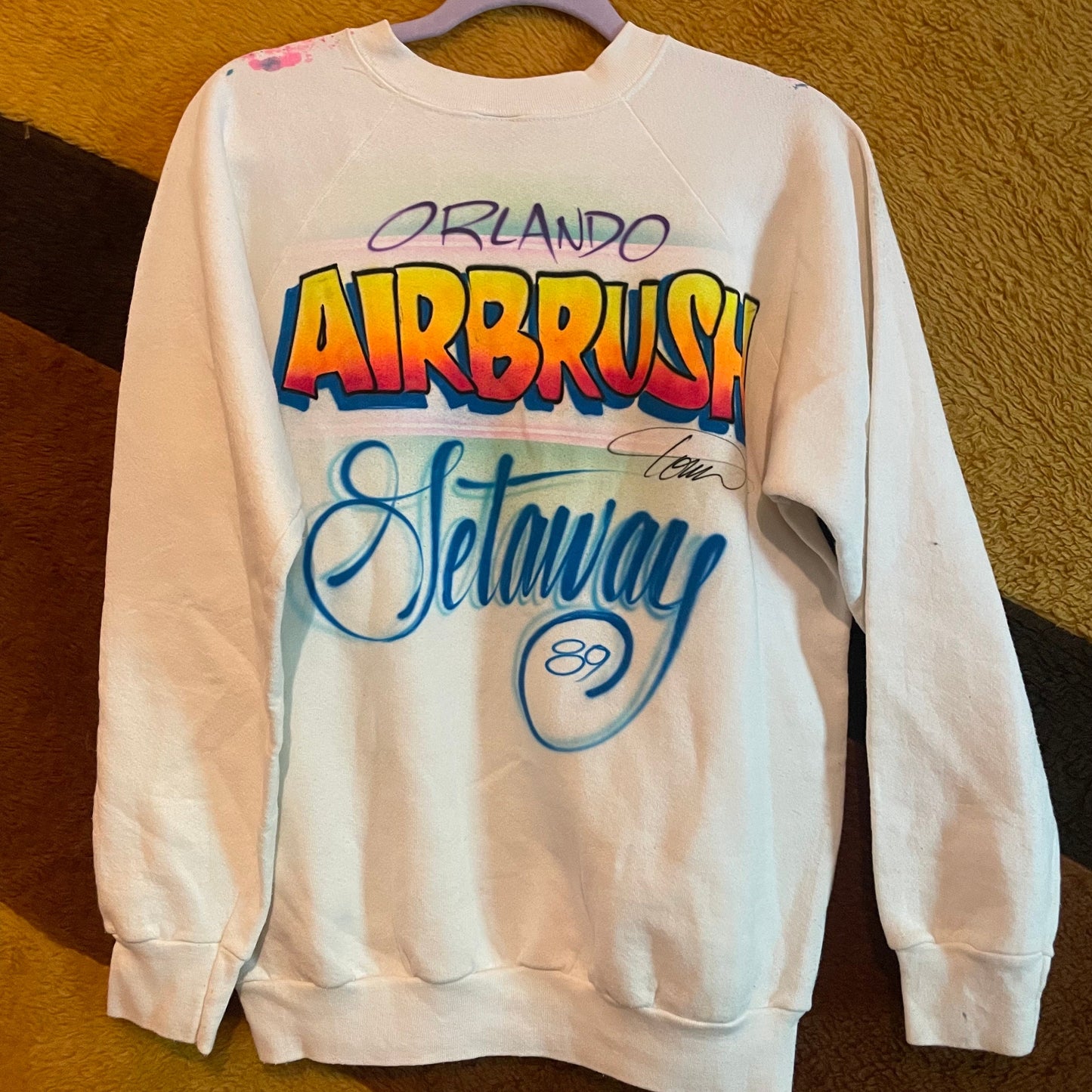 vtg 80s AIRBRUSHED EYES PAINTED Sweatshirt // vintage all over print big face print splatter art tee bright neon screen stars new wave goth