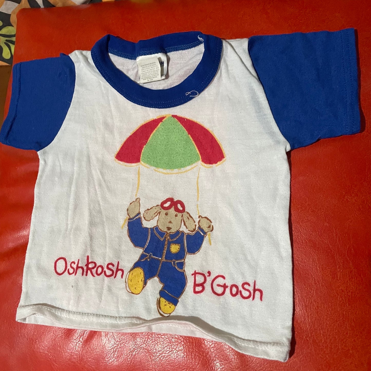 vtg 90s OSHKOSH B'GOSH PUPPY Parachute Shirt // vintage size 3T logo cute teddy bear cartoon two tone ringer baby graphic tee retro pajamas