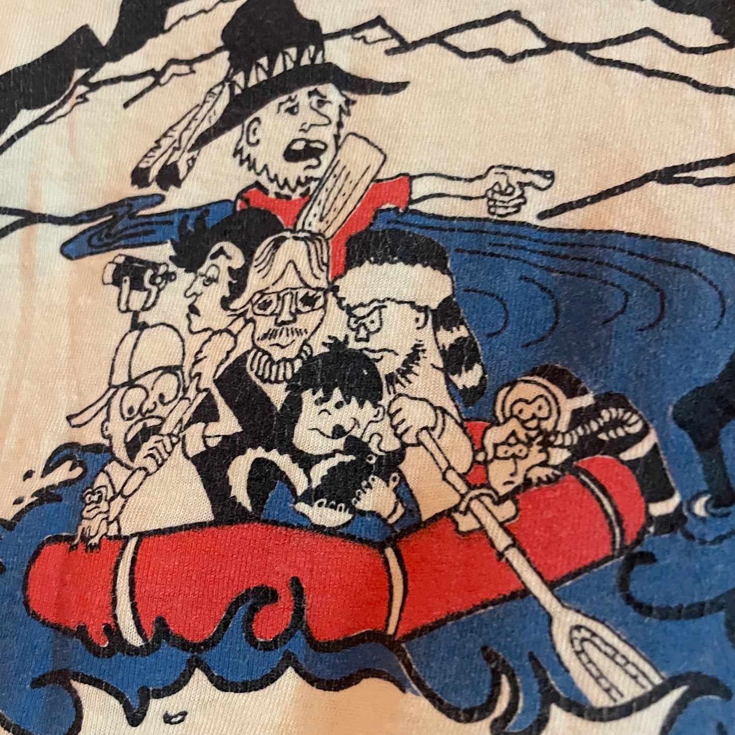 vtg 70 RAFTING SHIRT // vintage funny graphic tee yellow hand drawn rafting fishing hippie outdoors soft thin worn hiking  boating camping