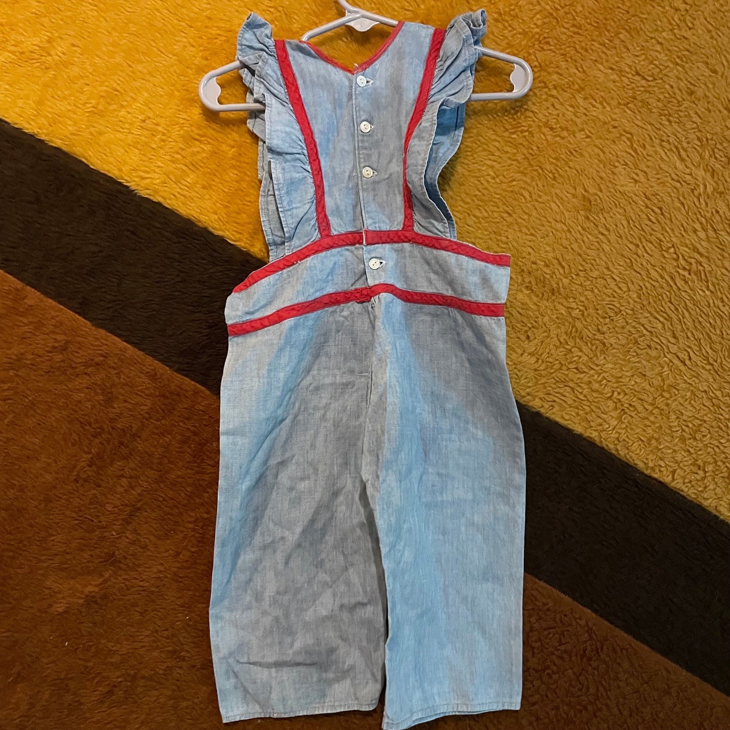 vtg 1940s GIRLS CHAMBRAY OVERALLS // vintage 50s ruffle straps rosie the riveter womens style workwear coveralls blue cotton contrast trim
