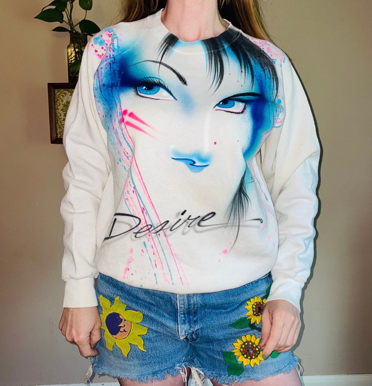 vtg 80s AIRBRUSHED EYES PAINTED Sweatshirt // vintage all over print big face print splatter art tee bright neon screen stars new wave goth