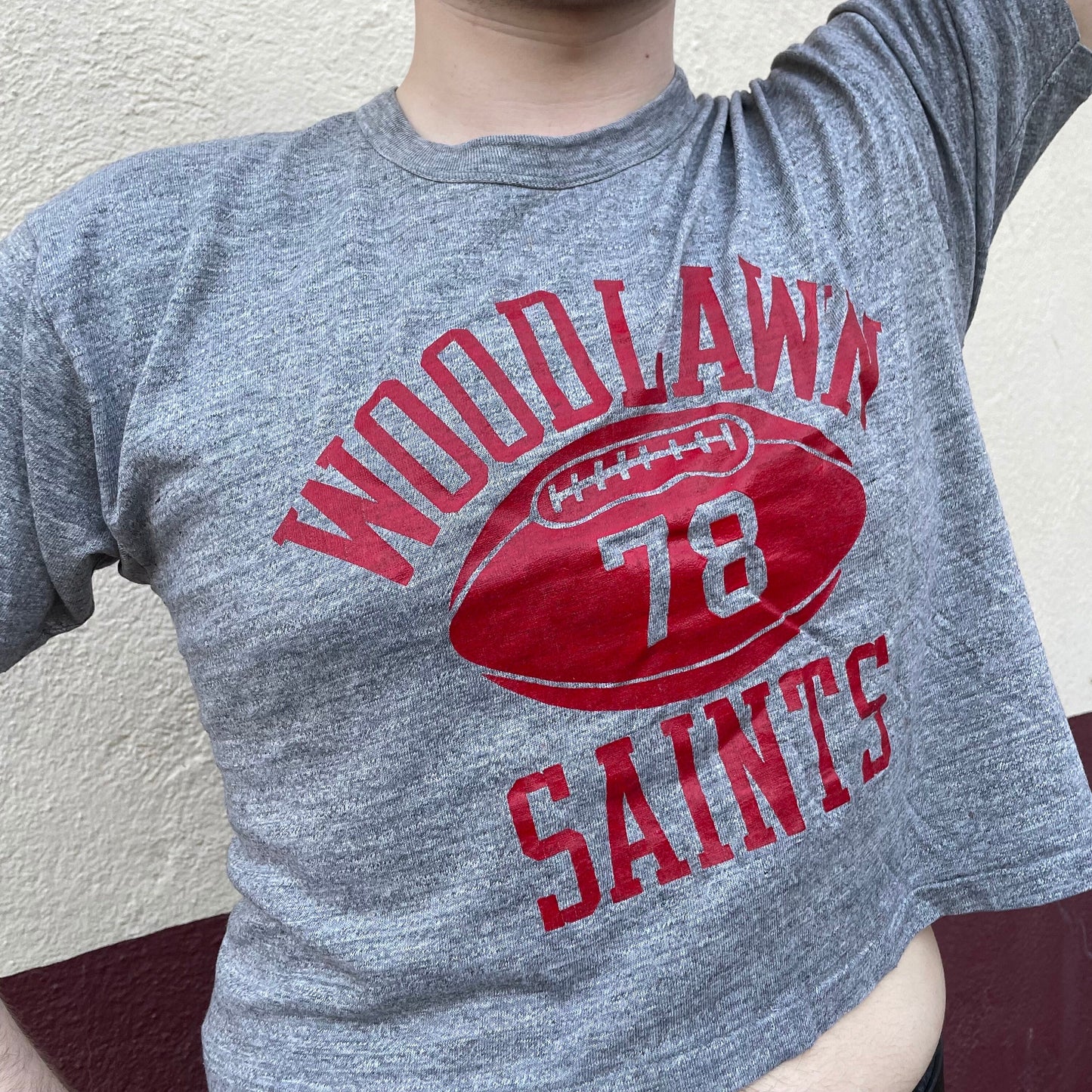 vtg 70s WOODLAND CROP TOP // vintage gray pill logo rayon blend cropped t shirt football boxy flowy baggy graphic tee Russell sports short