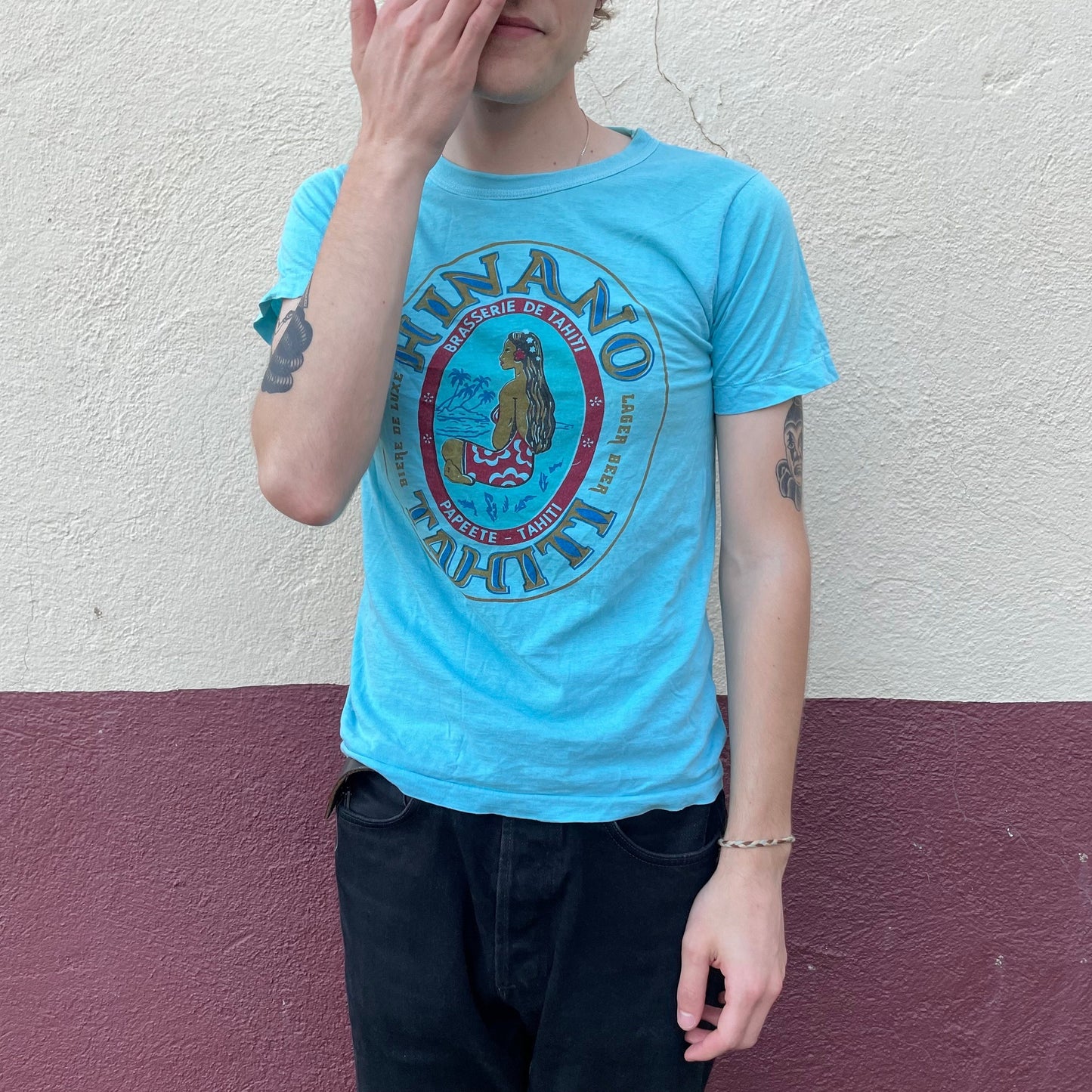 vtg 70sHINANO BEER POLYNESIAN Shirt // vintage graphic tee french cut femme paper thin retro tshirt Arii Tahiti all cotton lady print top