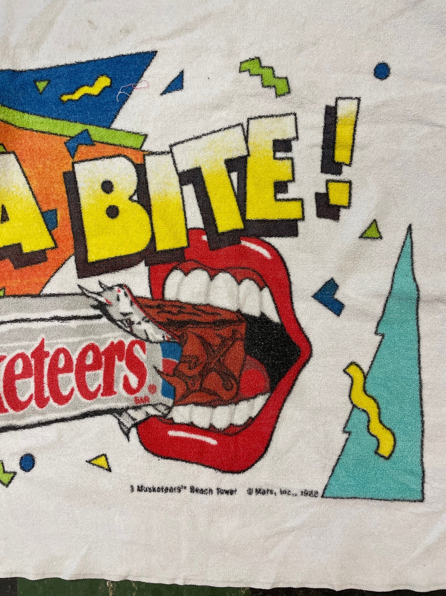 vtg 90s THREE MUSKETEERS Towel // vinntage pop art wild retro beach towel unique snack tee promo candy lips mouth print chocolate wall art