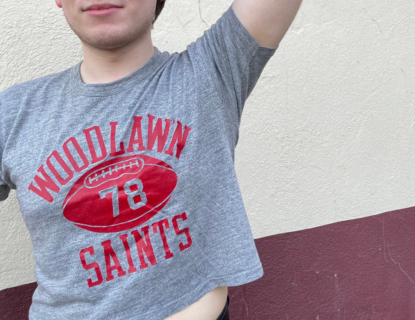 vtg 70s WOODLAND CROP TOP // vintage gray pill logo rayon blend cropped t shirt football boxy flowy baggy graphic tee Russell sports short