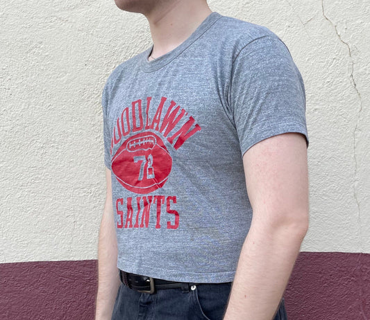 vtg 70s WOODLAND CROP TOP // vintage gray pill logo rayon blend cropped t shirt football boxy flowy baggy graphic tee Russell sports short