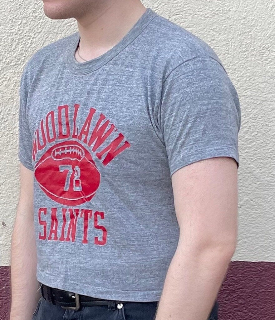 vtg 70s WOODLAND CROP TOP // vintage gray pill logo rayon blend cropped t shirt football boxy flowy baggy graphic tee Russell sports short