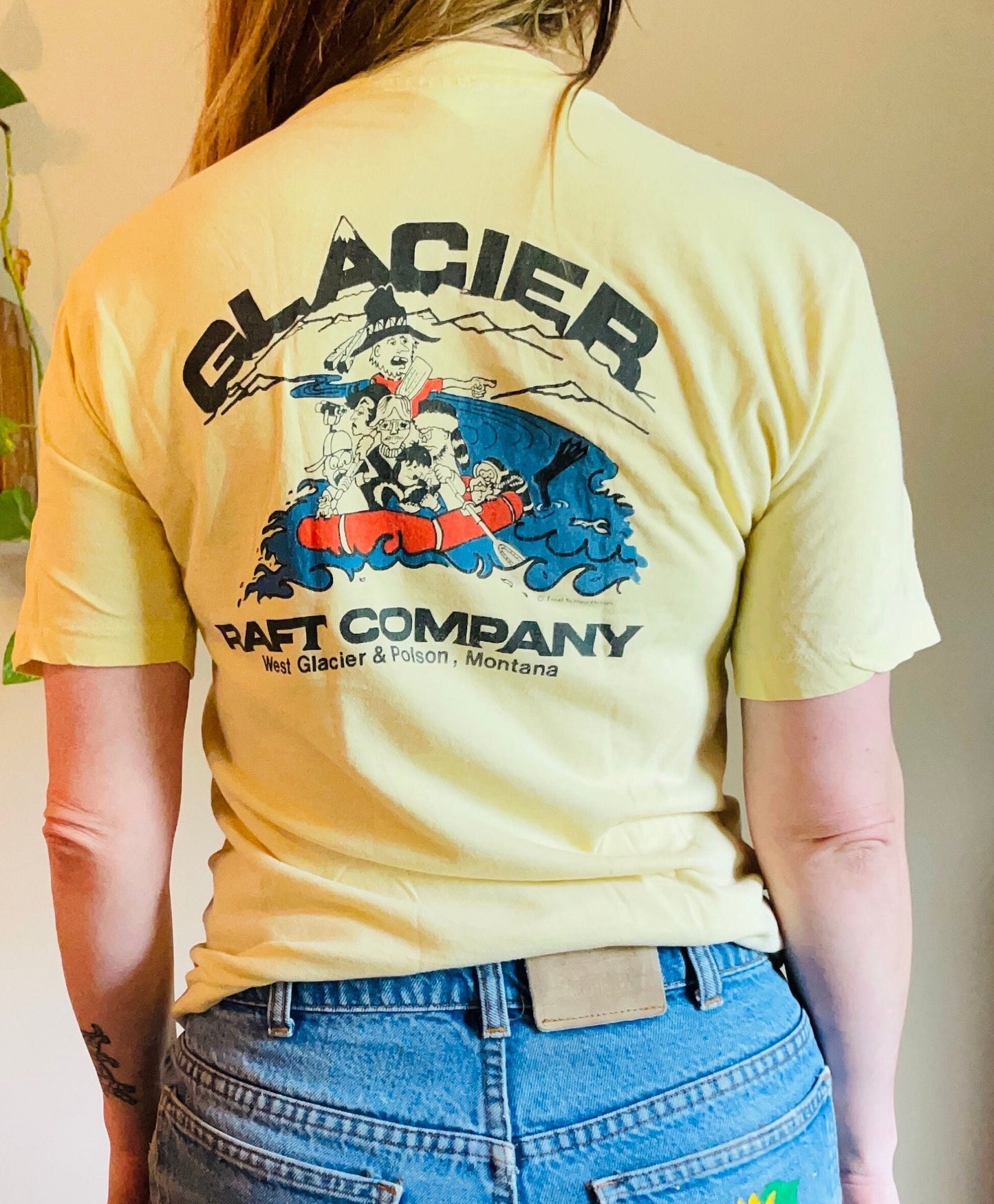vtg 70 RAFTING SHIRT // vintage funny graphic tee yellow hand drawn rafting fishing hippie outdoors soft thin worn hiking  boating camping