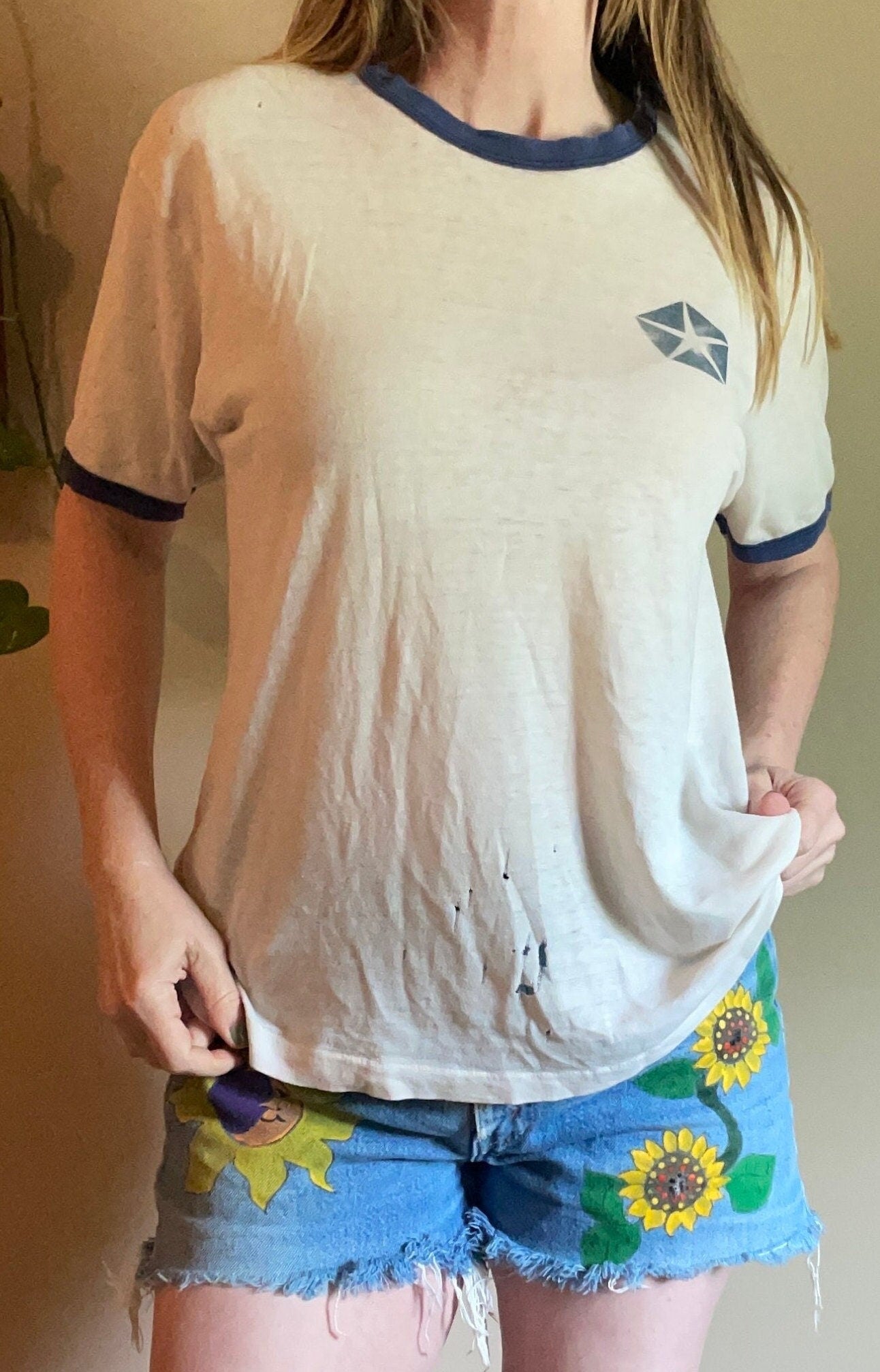 vtg 70s PAPER THIN PENTASTAR Shirt // vintage ringer chrysler car emblem thrashed faded graphic tee with holes see through retro soft baggy