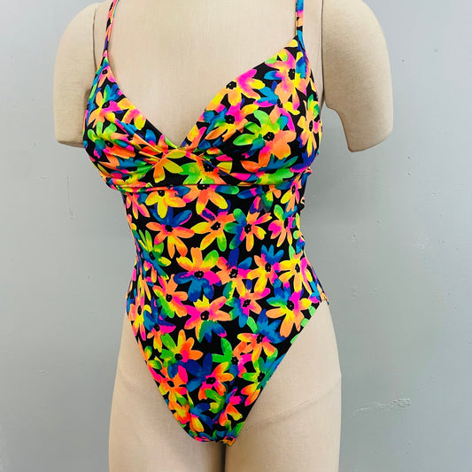 vtg 90s bright flower power deep v neck cut out neon one piece swimsuit high thigh full coverage tankini bright funky underwire sexy retro