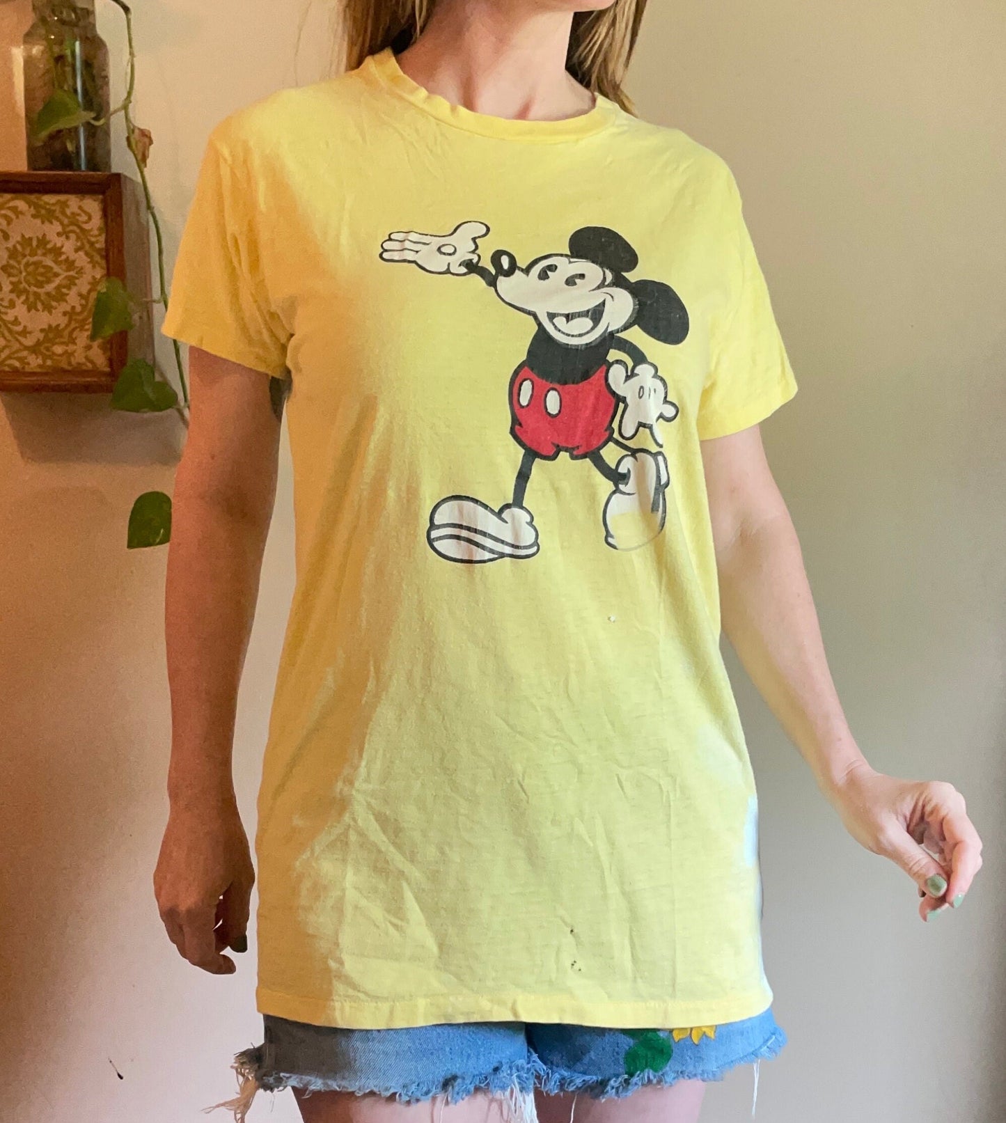 vtg 70s OLD SCHOOL MICKEY Mouse // vintage yellow distressed t shirt pop culture icon disney baggy oversized graphic tee soft nightie shirt