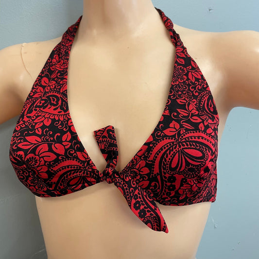 vtg 70s red & black 2 piece Catalina bikini set sexy halter low rise swimsuit psychedelic floral bathing suit beach pool party summer top