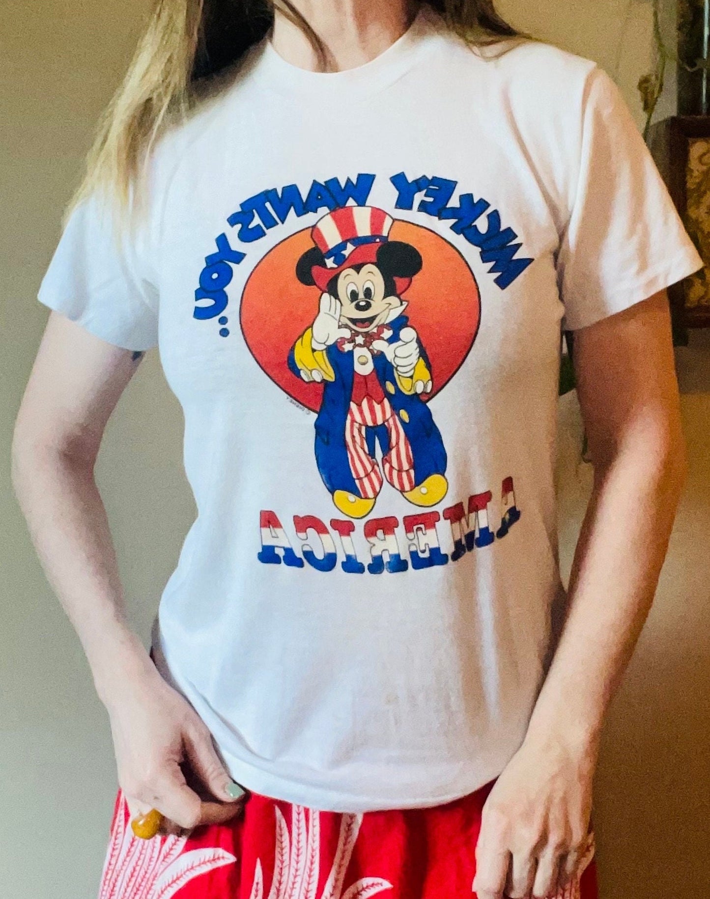 vtg 70s MICKEY WANTS YOU // vintage bicentennial usa uncle sam retro graphic tee stedman soft thin disney nautical t shirt America vote usa