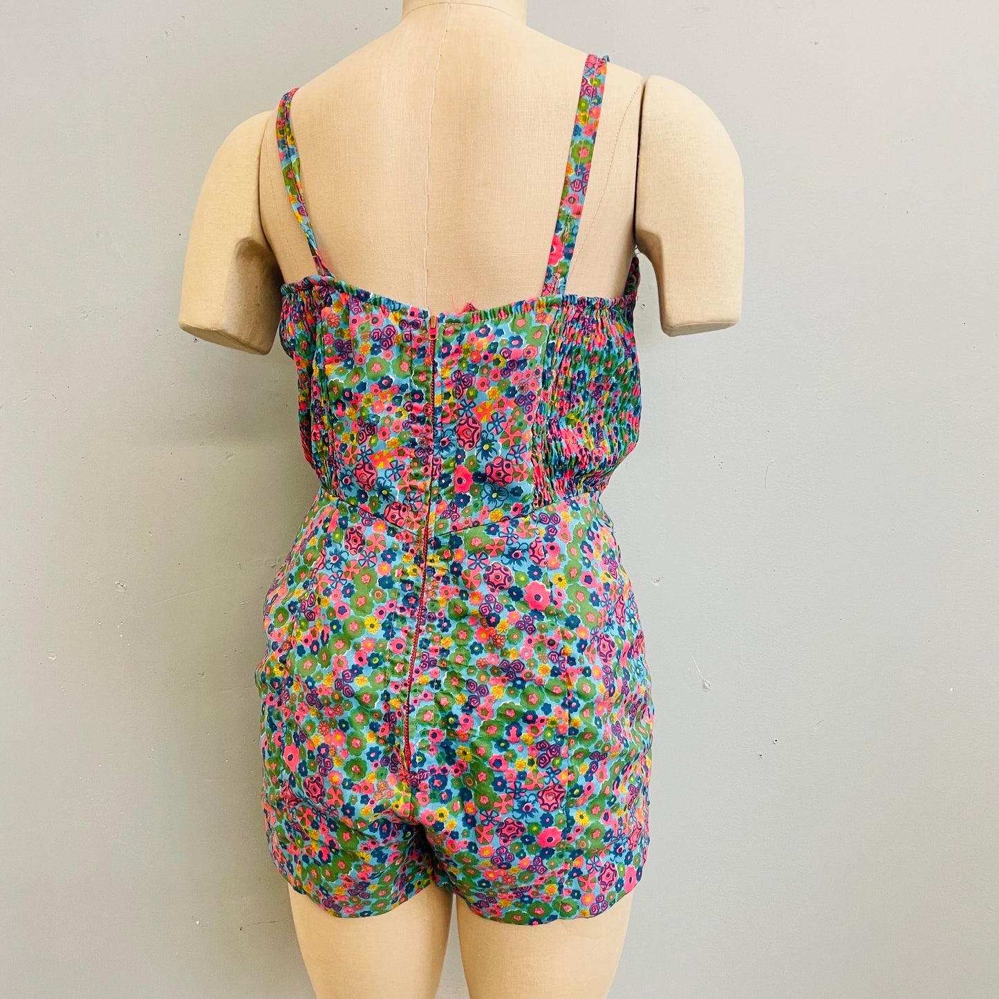 vtg 60s flower power mod retro playsuit one piece tank swimsuit bright neon psychedelic romper boy shorts tankini cute beach fit summer twee