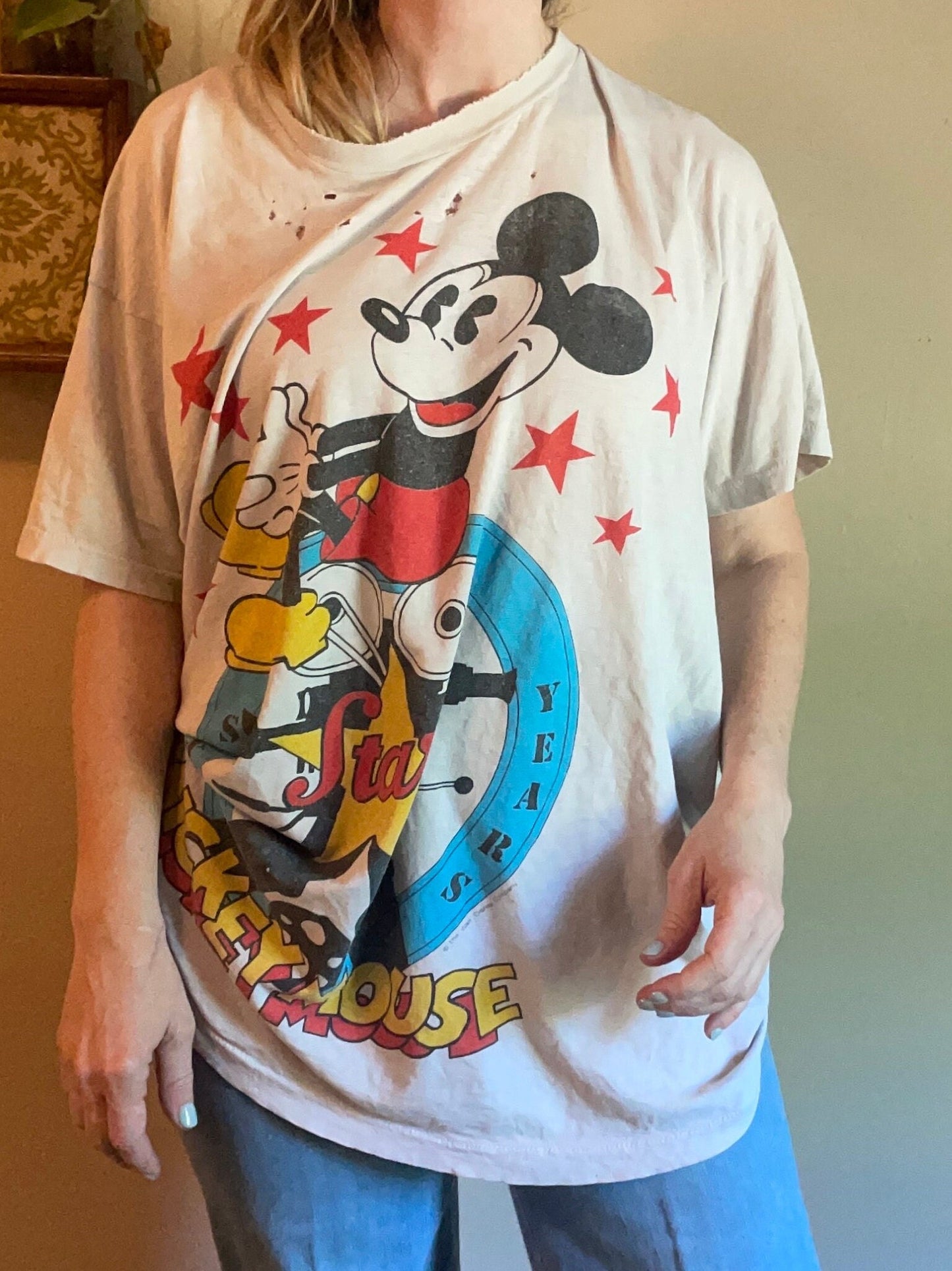 vtg 90s Mickey Mouse distressed sleeper baggy t shirt dress holes soft worn ragged thrashed long shirt pop art disney cartoon oversized tee