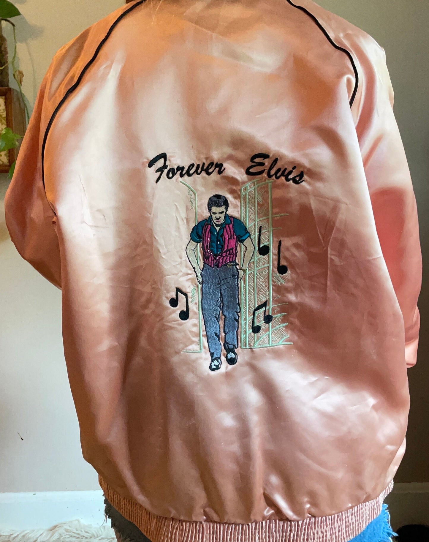 vtg 80s ELVIS PINK SATIN jacket // vintage embroidered graceland forever elvis in heaven zip up lightweight jacket pink ladies rockabilly