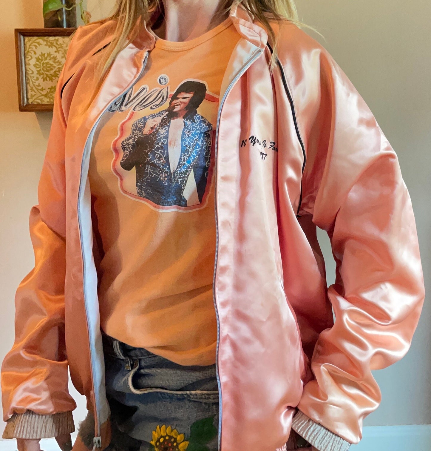 vtg 80s ELVIS PINK SATIN jacket // vintage embroidered graceland forever elvis in heaven zip up lightweight jacket pink ladies rockabilly