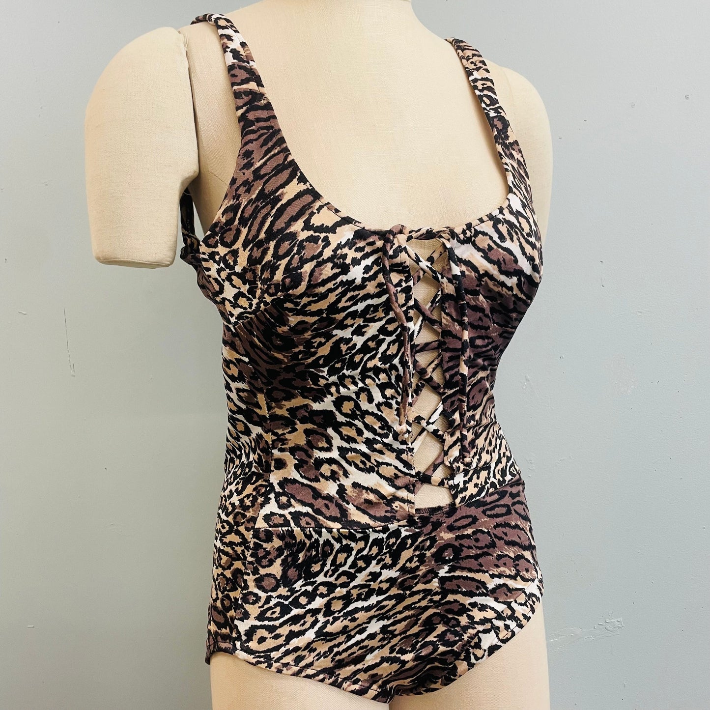 vtg 70s CUT OUT SWIMSUIT // vintage low cut back lace up leopard spot retro disco playsuit one piece bathing suit sexy animal print bodysuit