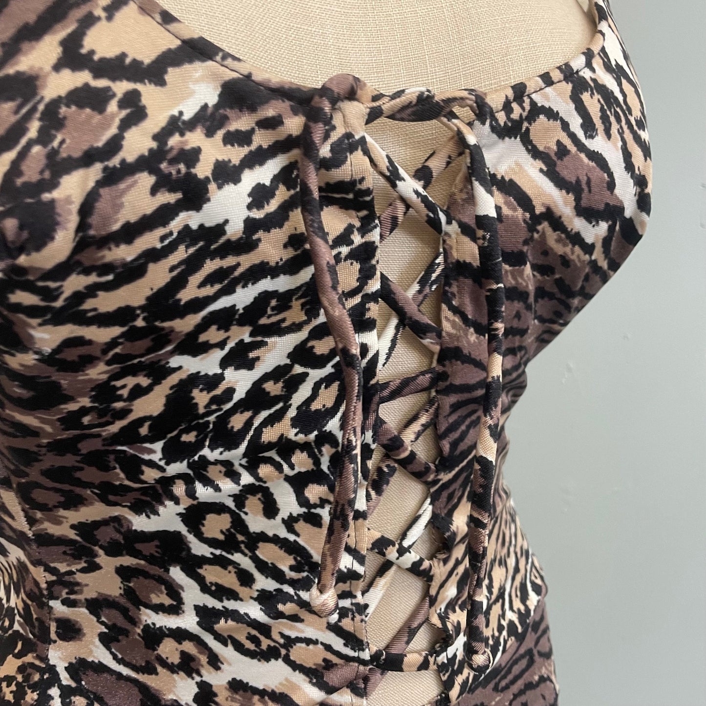 vtg 70s CUT OUT SWIMSUIT // vintage low cut back lace up leopard spot retro disco playsuit one piece bathing suit sexy animal print bodysuit