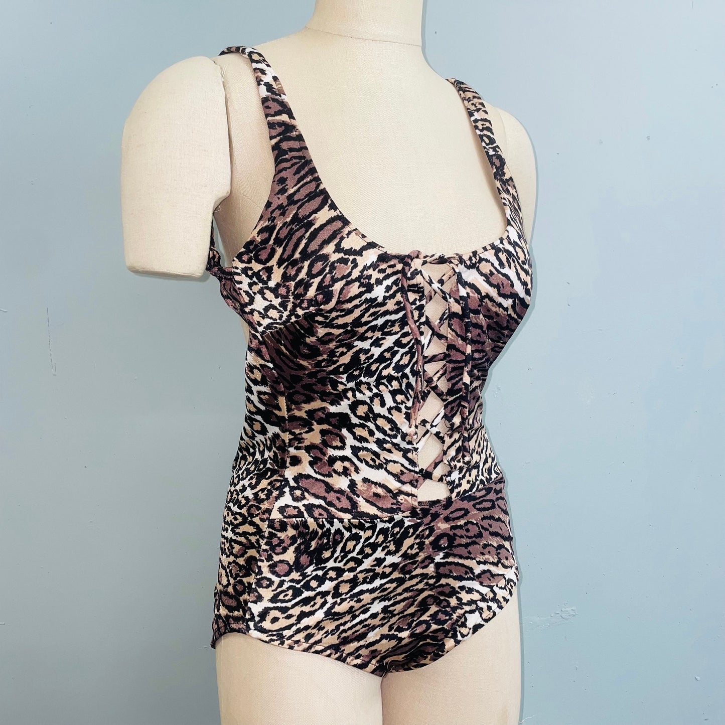 vtg 70s CUT OUT SWIMSUIT // vintage low cut back lace up leopard spot retro disco playsuit one piece bathing suit sexy animal print bodysuit