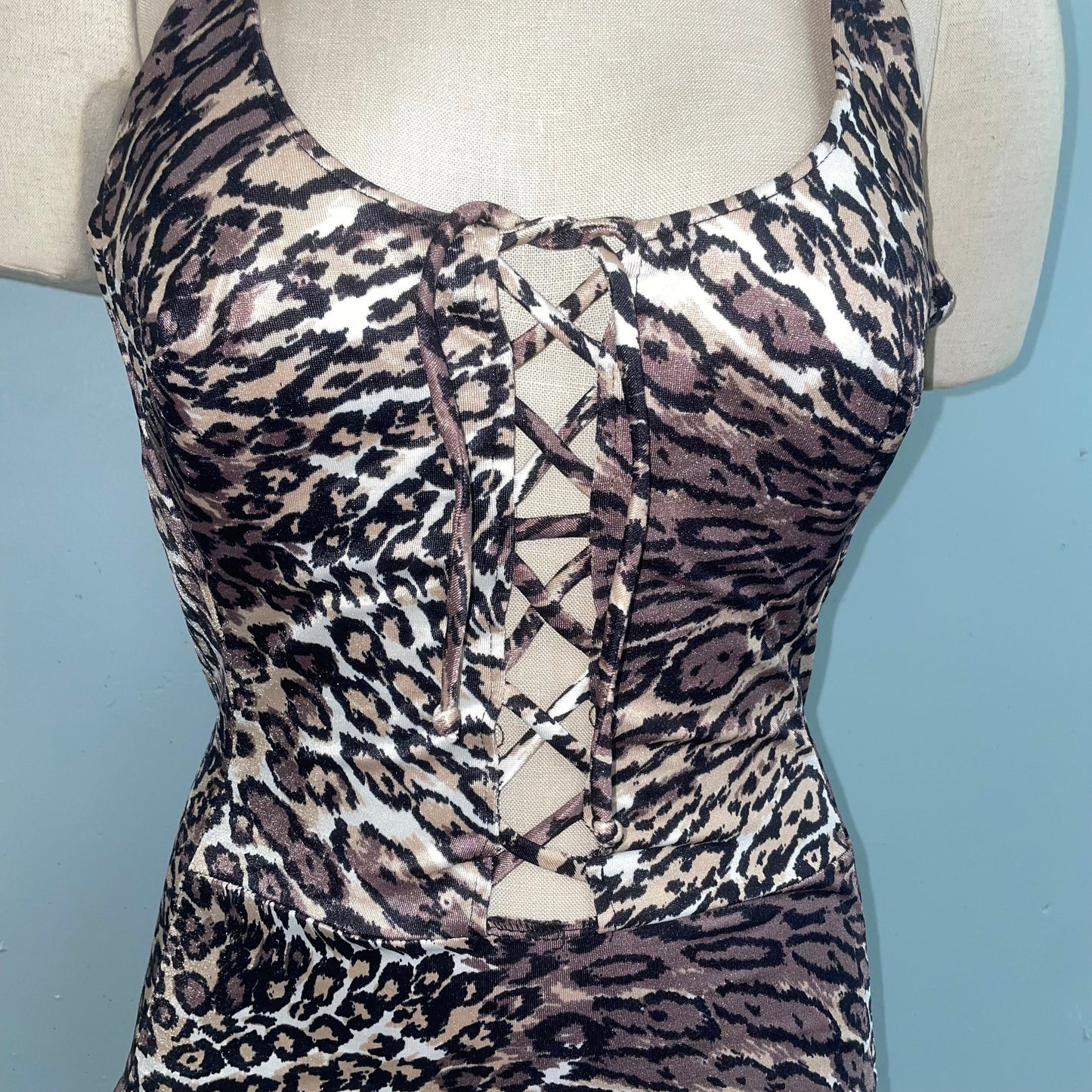 vtg 70s CUT OUT SWIMSUIT // vintage low cut back lace up leopard spot retro disco playsuit one piece bathing suit sexy animal print bodysuit