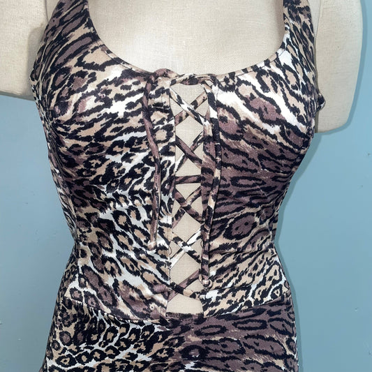 vtg 70s CUT OUT SWIMSUIT // vintage low cut back lace up leopard spot retro disco playsuit one piece bathing suit sexy animal print bodysuit
