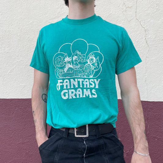 vtg 80s FANTASY GRAMS GRAPHIC Tee // vintage telegram service screen stars medium teal minneapolis single stitch paper thin soft t shirt