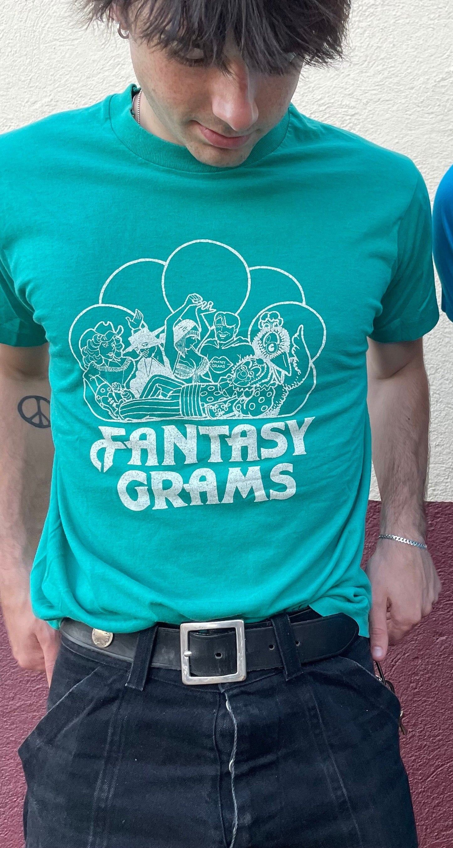 vtg 80s FANTASY GRAMS GRAPHIC Tee // vintage telegram service screen stars medium teal minneapolis single stitch paper thin soft t shirt