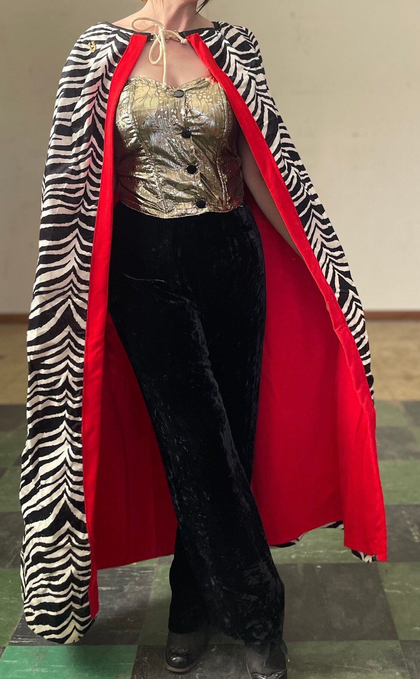 vtg 70s VELVET ZEBRA CAPE // vintage black white red animal print jacket abstract poncho dress glam rock drag womens retro style maxi dress