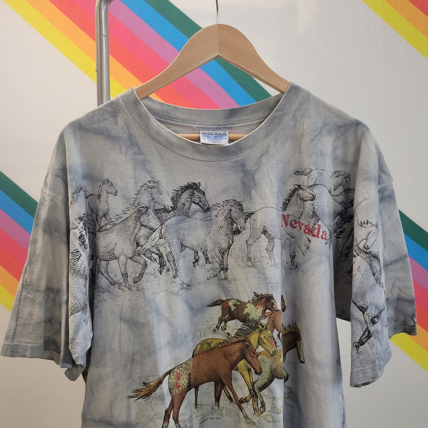 vtg 90s NEVADA TIE DYE Shirt // vintage gildan xl wild horses western all over print traveler souvenir retro graphic baggy soft distressed